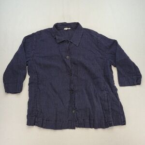 Eileen Fisher Shirt Women XL Blue Check 100% Linen Organic Button Up Long Sleeve